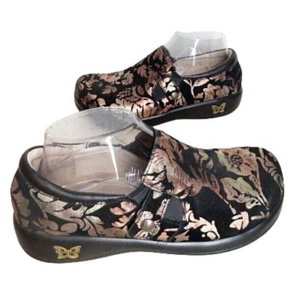 💐 Alegria Comfort Shoes Euro 38 Black Gold Floral Clogs Excellent Fun! 7 7.5 8 - Picture 2 of 16
